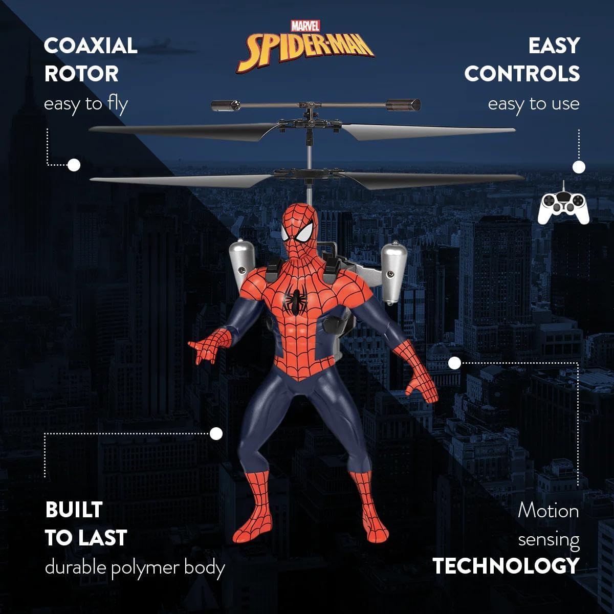 Spider-Man toy figure with helicopter rotor and remote control against a cityscape background