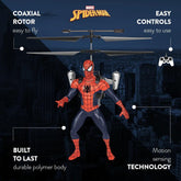 Spider-Man toy figure with helicopter rotor and remote control against a cityscape background