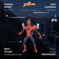 Spider-Man toy figure with helicopter rotor and remote control against a cityscape background