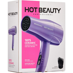 Hot Beauty 1875 Ceramic Hair Dryer, Powerful Fast Drying, Multi-Setting with Comb Attachment, Additional Detangler Included, Slide Bar Switch, Compact for Home & Travel