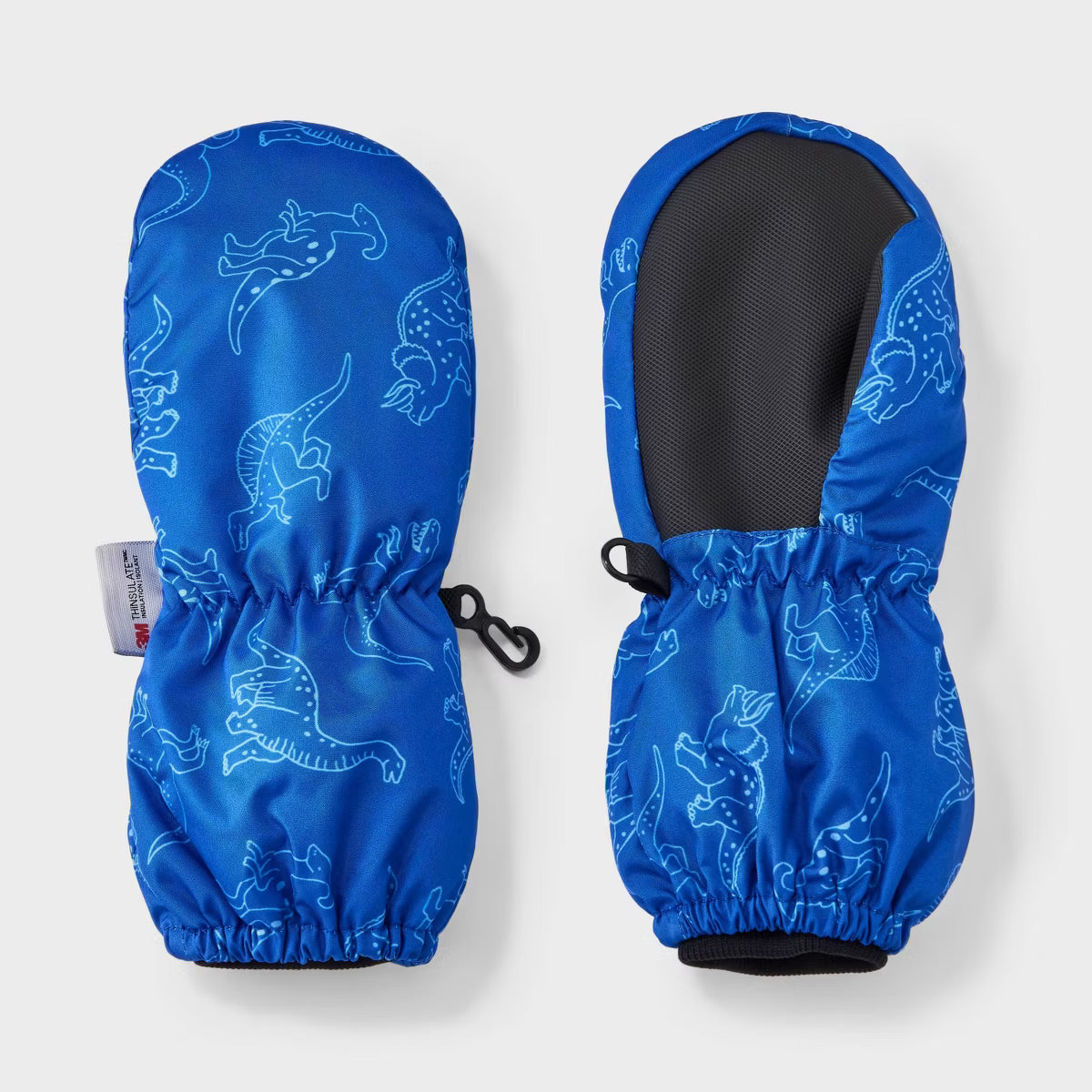 Blue children's mittens with dinosaur pattern on a white background