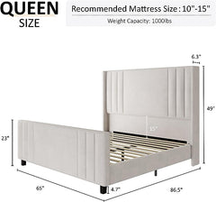Amerlife Queen Size Bed Frame, Velvet Upholstered Platform Bed with Vertical Channel Tufted Headboard & Footboard/Wingback, Mattress Foundation with Wood Slats, No Box Spring Needed, Cream