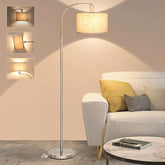 DWTB Floor Lamp for Living Room, Fully Dimmable Arc Modern Standing Lamp with Adjustable Lamp Head Sliver Tall Pole Reading Light with Beige Shade for Bedroom Study Room Bright 8W LED Bulb Included