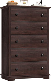 HFYOBRO 5 Drawers Dresser, Double Anti-Toppling Dresser, Tall Closet Dresser, Wooden Dressers Organizer, Chest Dresser, Storage Cabinet for Bedroom/Living Room/Nursery/Hallway, Espresso