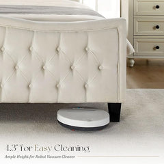 VanAcc Queen Size Platform Bed Frame, Wavy Velvet Wingback Upholstered Bed with Handmade Deep Button Tufted 52.9 Inches Tall Headboard & Footboard/No Box Spring Needed/Cream