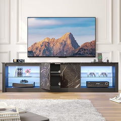 Bestier 70 inch Gaming Entertainment Center with Power Outlets,Adjustable Glass Shelves & Two Cabinets for 75inch Led TV Stand, 22 RGB Modes Modern LED Corner PS5 Console Living Room,Black Marble