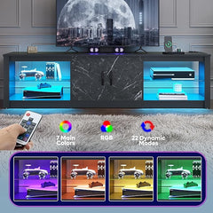 Bestier 70 inch Gaming Entertainment Center with Power Outlets,Adjustable Glass Shelves & Two Cabinets for 75inch Led TV Stand, 22 RGB Modes Modern LED Corner PS5 Console Living Room,Black Marble