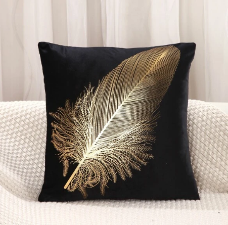 2-Pcs-Metallic-Gold-Feather-Print-Cushion-Cover