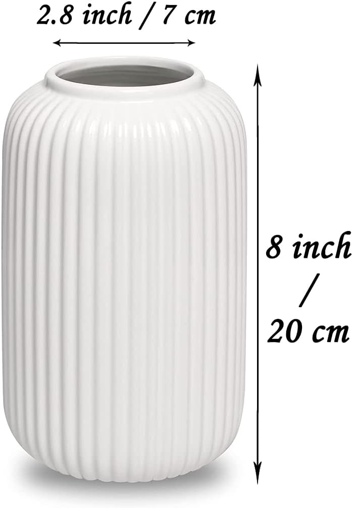 8 Inch Tall Glossy White Ceramic Ribbed Vase, Simple Modern Decorative Vases for Home Decor Table Centerpieces