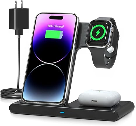 US TROVE Wireless Charger iPhone Charging Station: 3 in 1 Charger Stand Multiple Devices for Apple - iPhone 15 14 Pro Max 13 12 11 - Watch 9 8 7 6 5 4 3 2 Se - Airpods 3 2 Pro