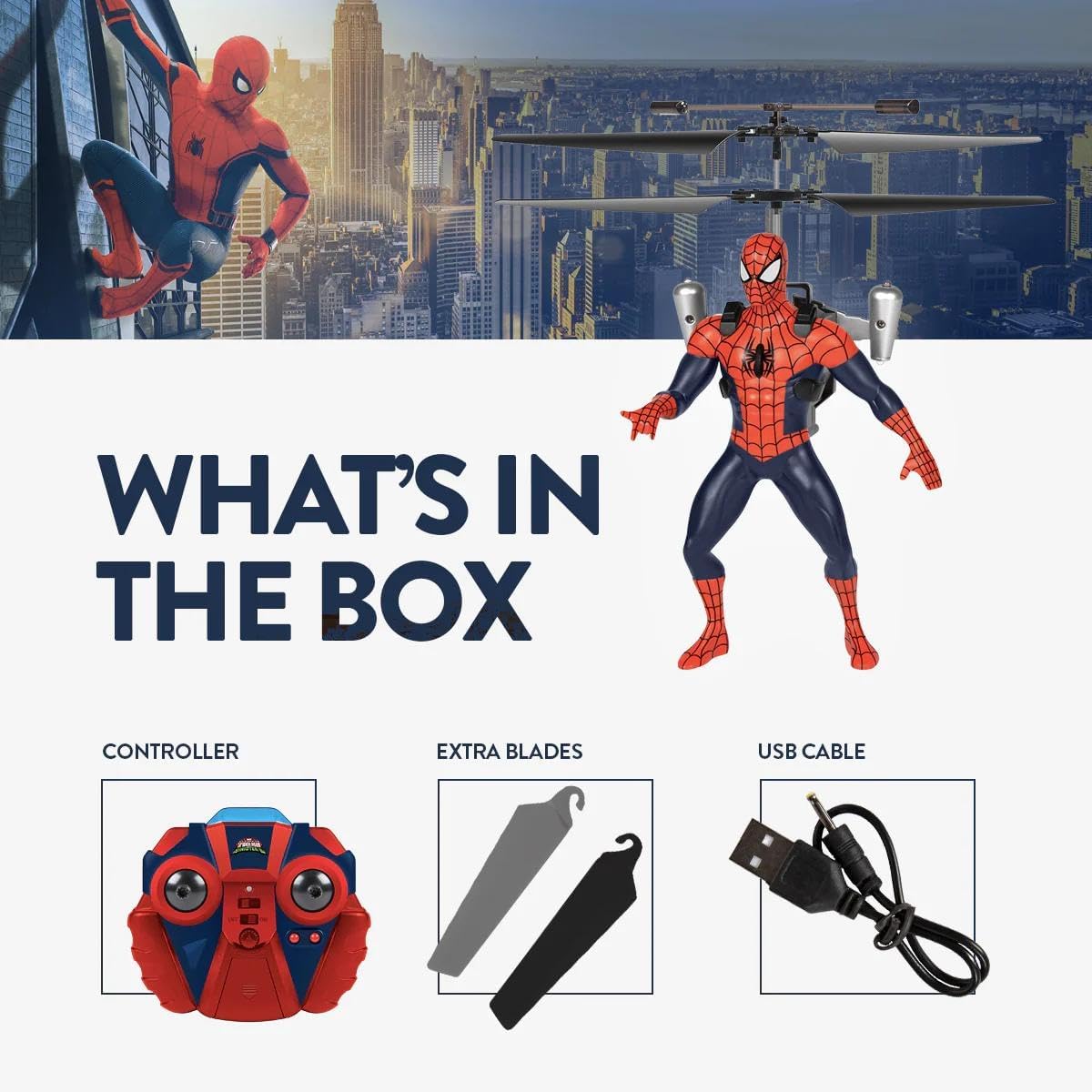 Spider-Man toy figure with drone components on a cityscape background