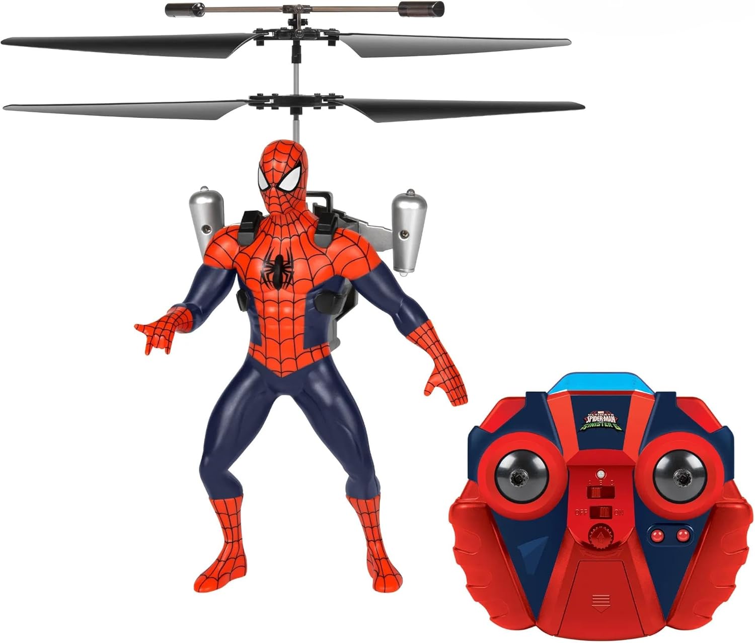 Toy figure of Spider-Man with a remote control on a white background