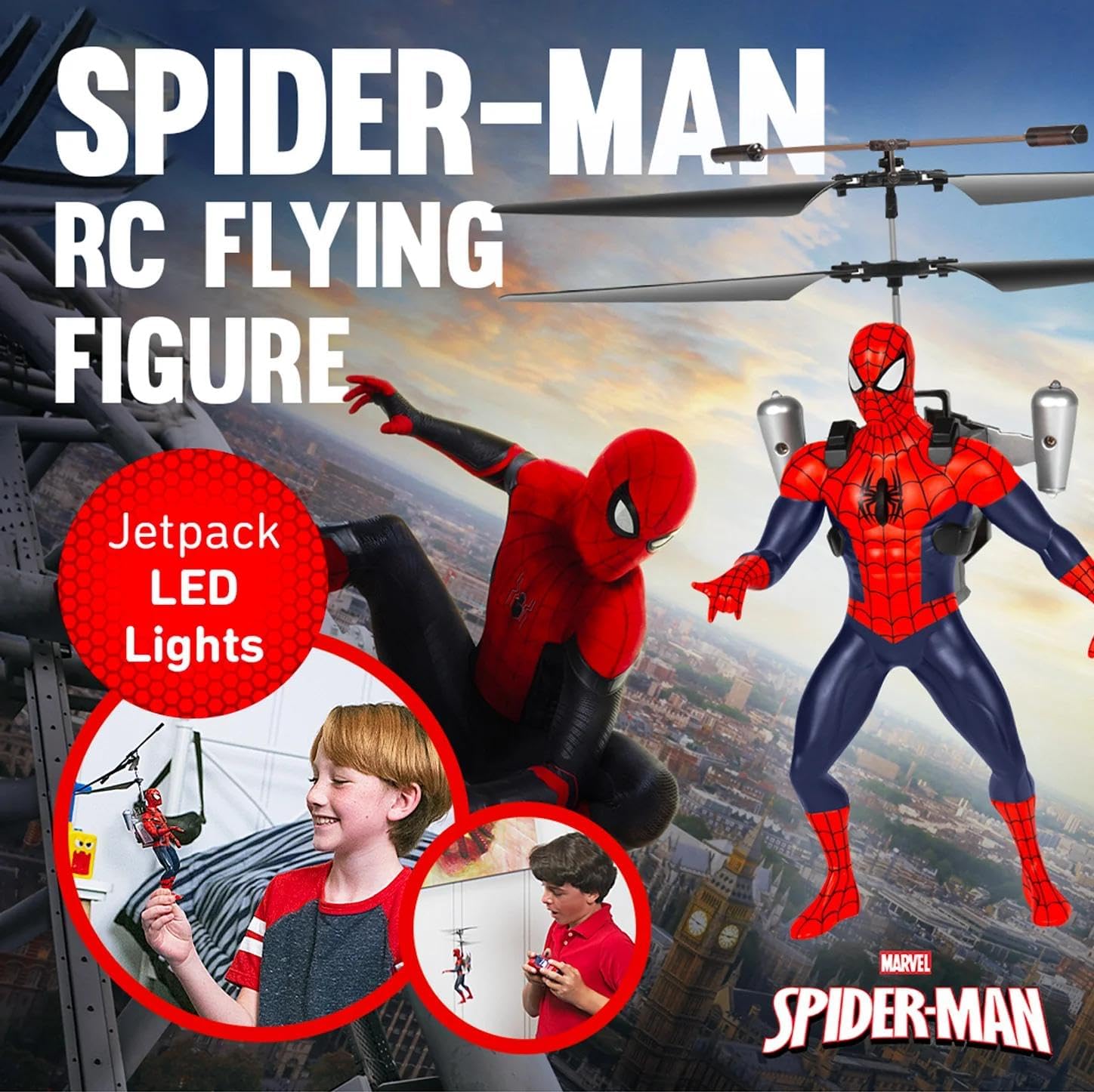 Spider-Man RC flying figure with helicopter and LED lights, featuring Marvel branding.