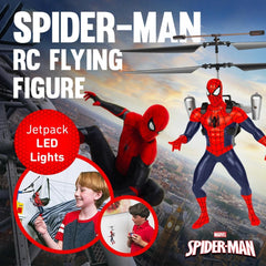 Spider-Man RC flying figure with helicopter and LED lights, featuring Marvel branding.