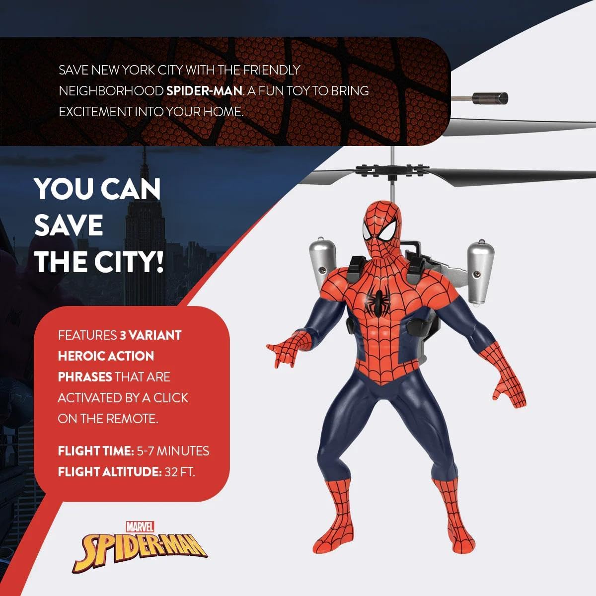 Spider-Man toy figure with remote control helicopter, promotional text on a cityscape background