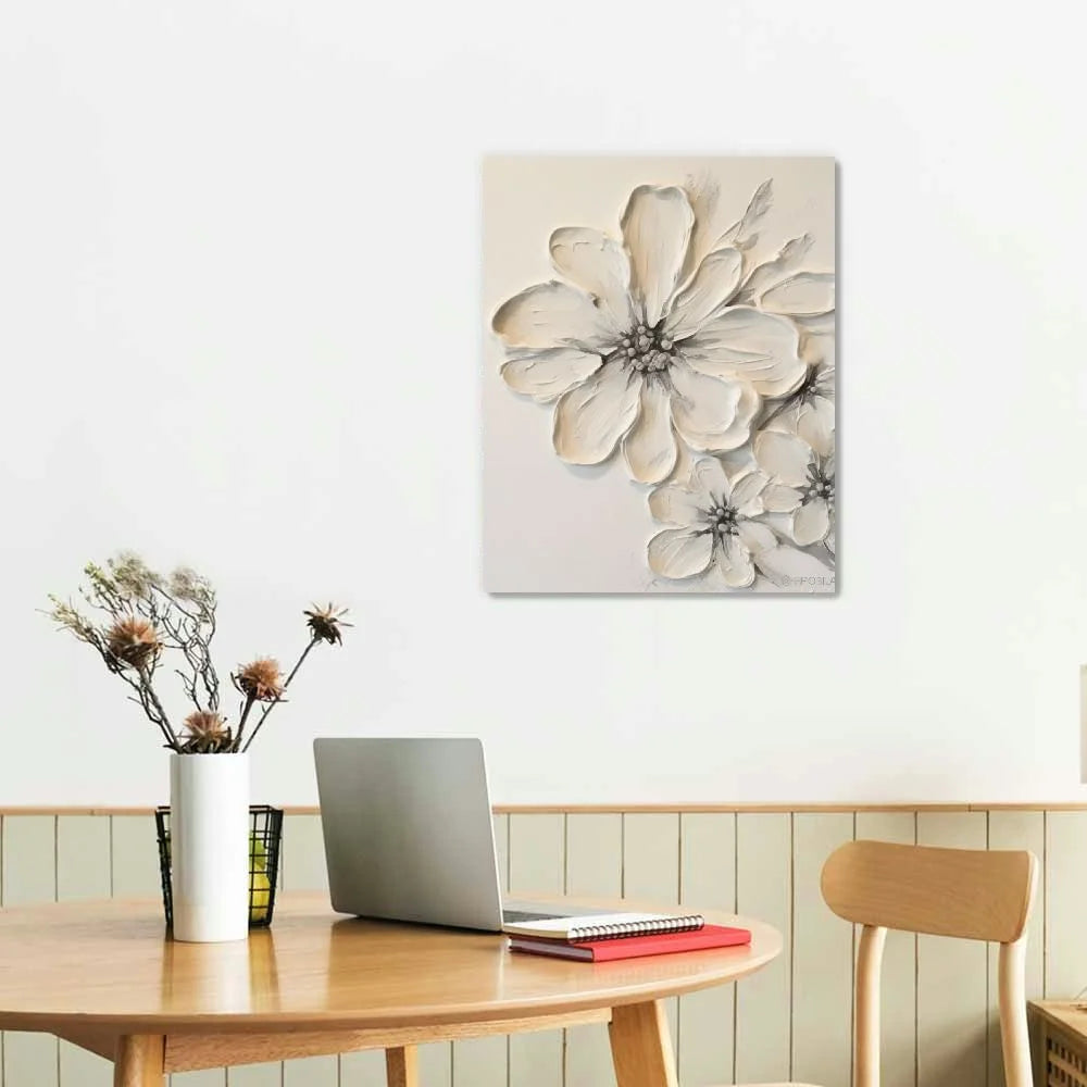 COMIO White Flower Texture Painting White Flower Abstract Wall Art Flower Canvas Painting White Textured Flower Picture Black And White Texture Artwork Modern Floral Wall Art Decor