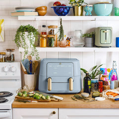 Beautiful Air Fryer in Cornflower with dual cooking zones and touch-activated display