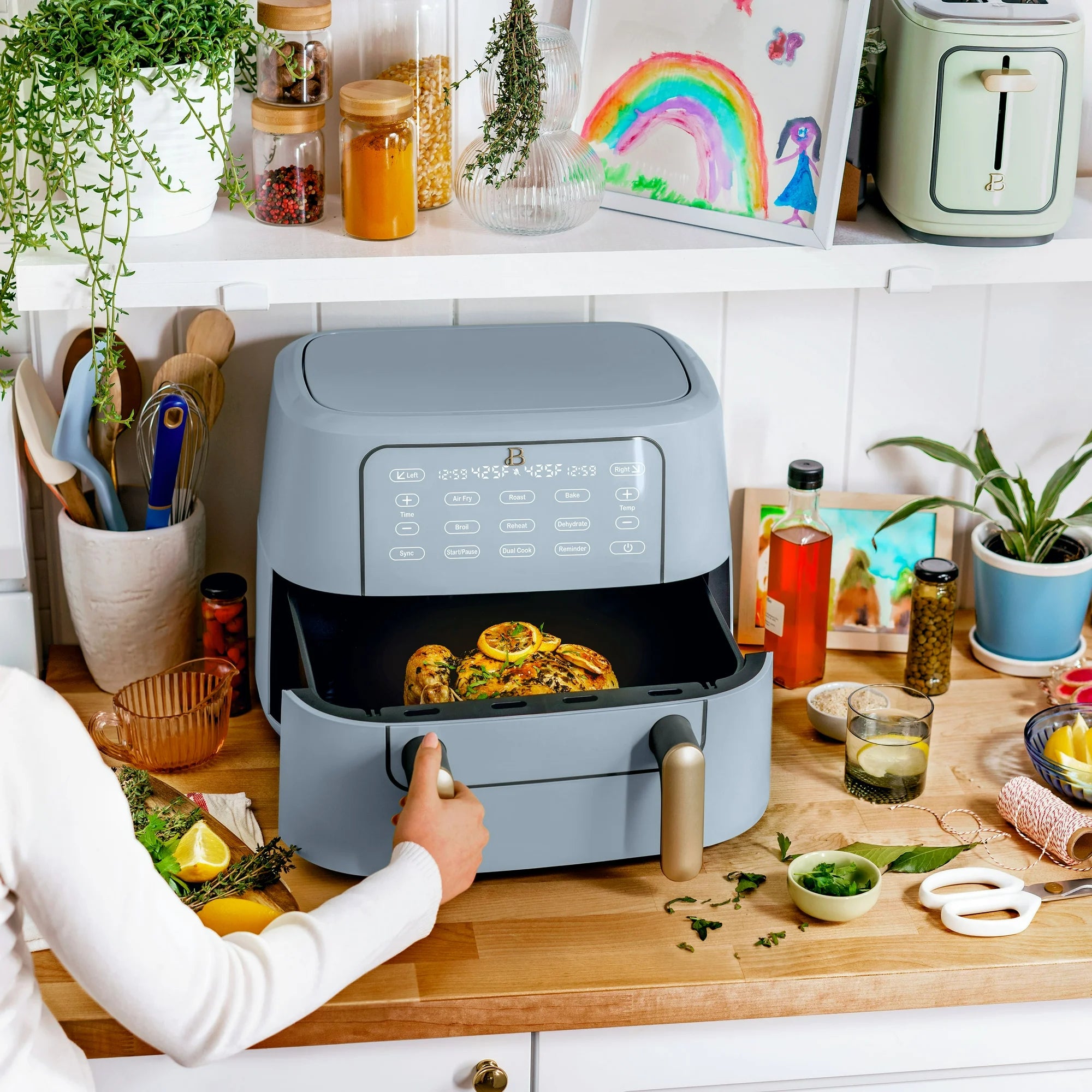 Beautiful Air Fryer in Cornflower with dual cooking zones and touch-activated display