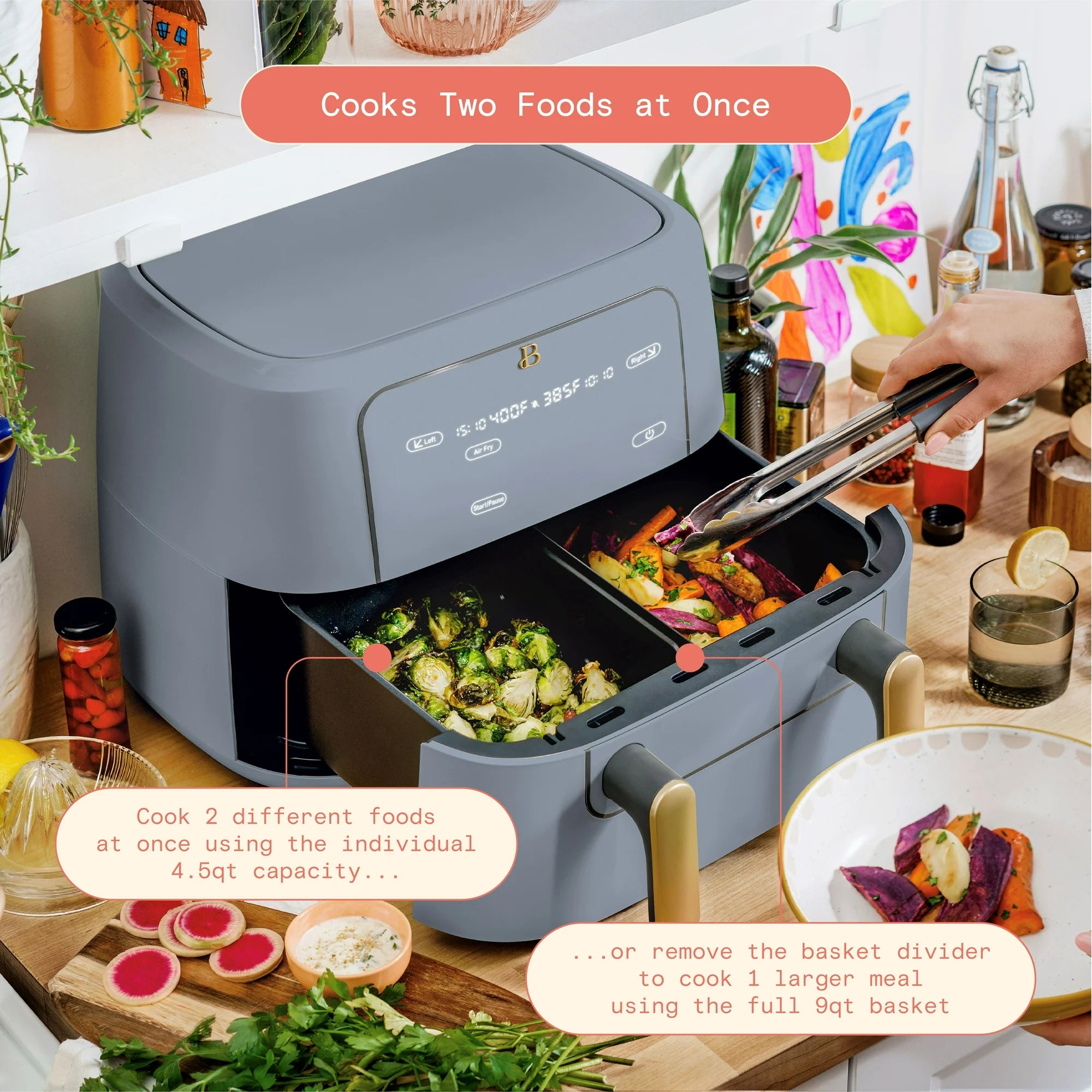 Beautiful Air Fryer in Cornflower with dual cooking zones and touch-activated display