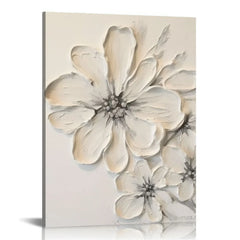 COMIO White Flower Texture Painting White Flower Abstract Wall Art Flower Canvas Painting White Textured Flower Picture Black And White Texture Artwork Modern Floral Wall Art Decor