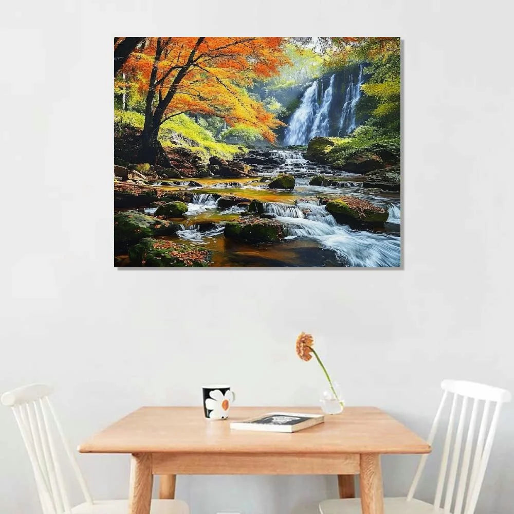 COMIO Landscape Canvas Wall Art Waterfall Nature Forest Scenery Painting, Modern Scene Artwork Mountain Scenery Picture Framed for Living Room Bedroom Bathroom Home Office Decor