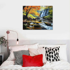 COMIO Landscape Canvas Wall Art Waterfall Nature Forest Scenery Painting, Modern Scene Artwork Mountain Scenery Picture Framed for Living Room Bedroom Bathroom Home Office Decor