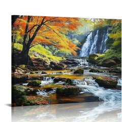 COMIO Landscape Canvas Wall Art Waterfall Nature Forest Scenery Painting, Modern Scene Artwork Mountain Scenery Picture Framed for Living Room Bedroom Bathroom Home Office Decor