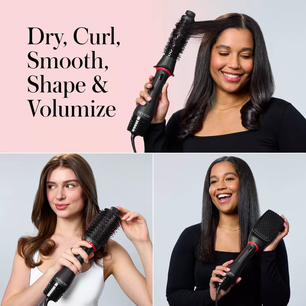 Woman using a hair styling tool with text 'Dry, Curl, Smooth, Shape & Volumize' 