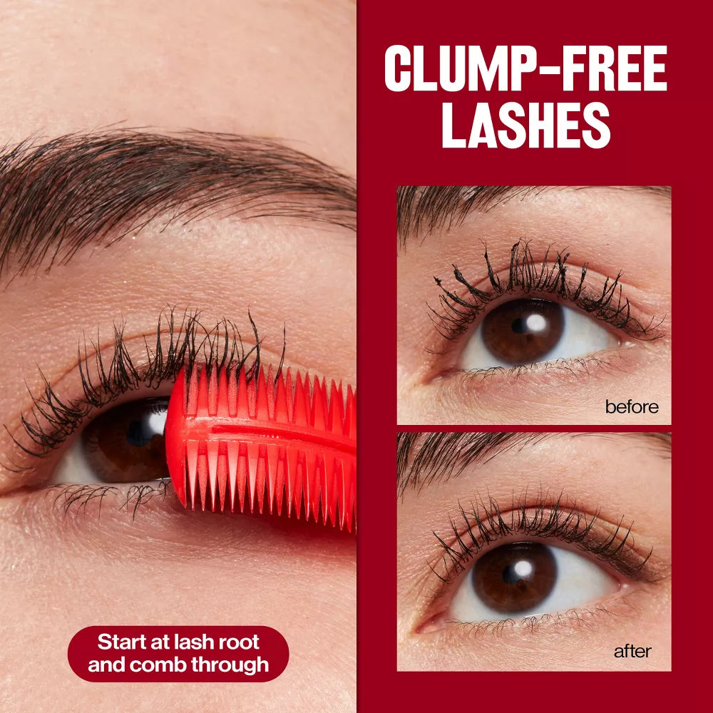 Eyes with clump-free lashes using a comb tool, before and after comparison.
