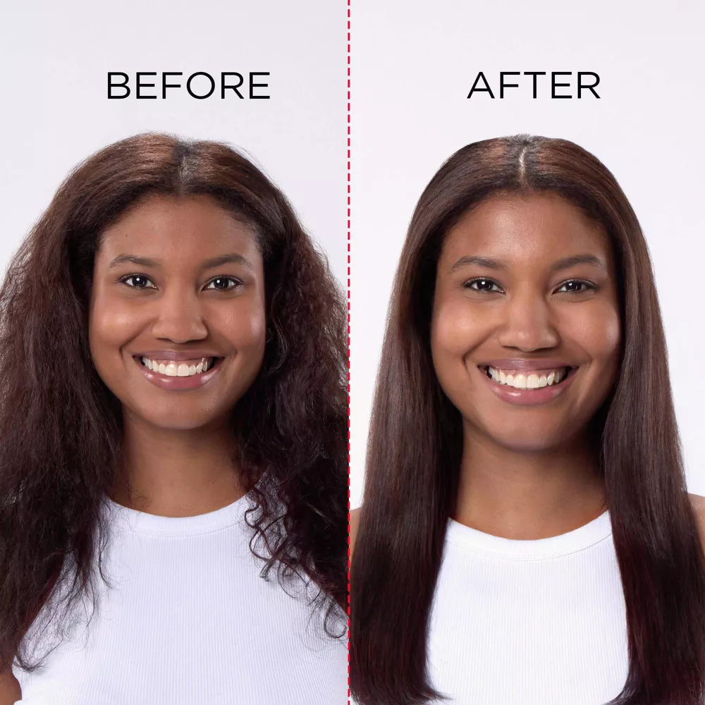 Before and after comparison of a person with straightened hair 