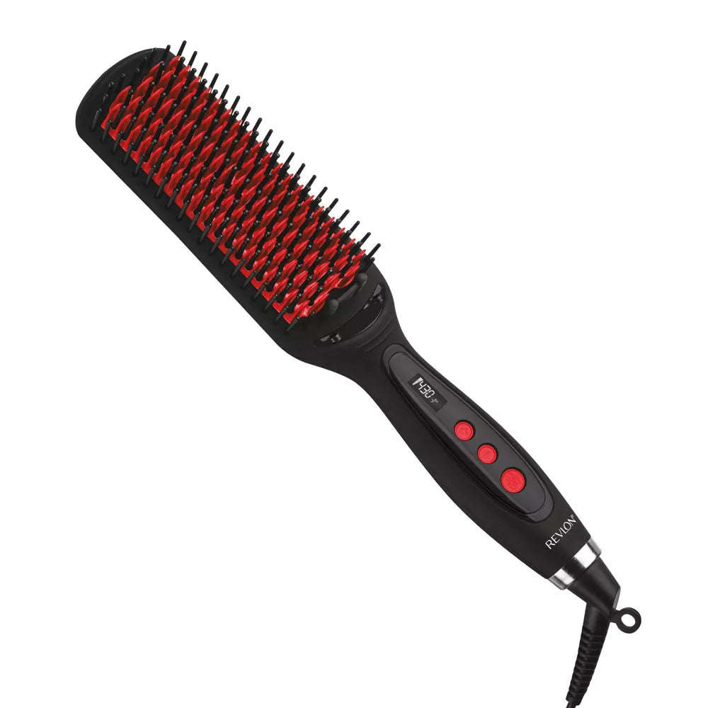 Black and red hair straightening brush with Revlon branding 