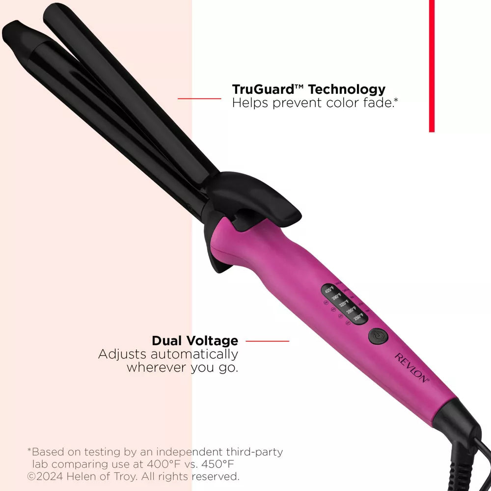 Pink hair straightener with black handle, featuring TruGuard Technology and dual voltage adjustment.