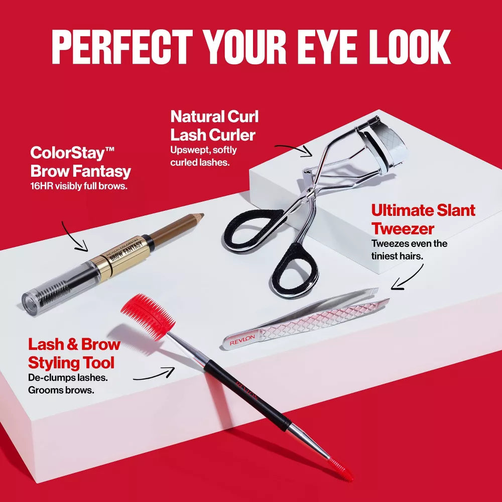 Makeup tools for eye grooming on a red and white background with text 'Perfect Your Eye Look'.