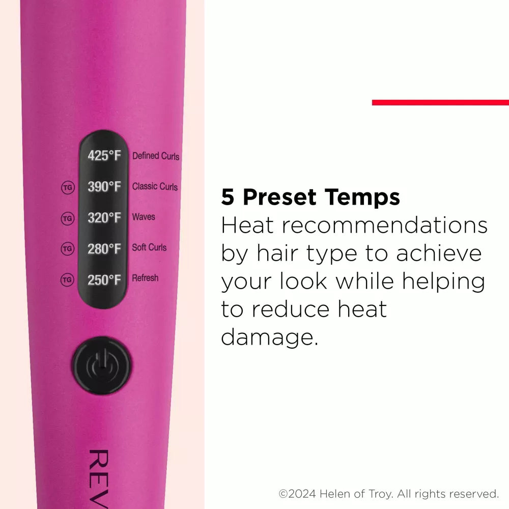 Pink hair straightener with temperature settings and text about preset temps.