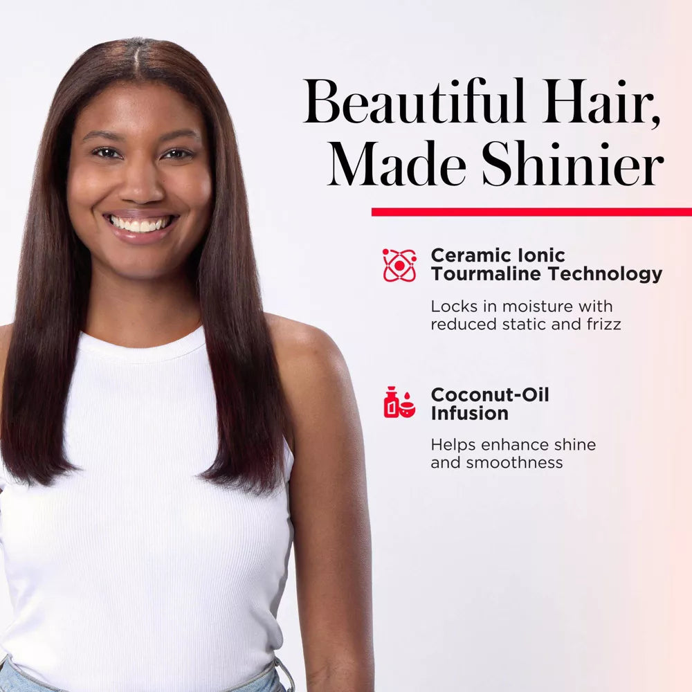 Woman with long, straight hair smiling against a white background with text about hair care product features.