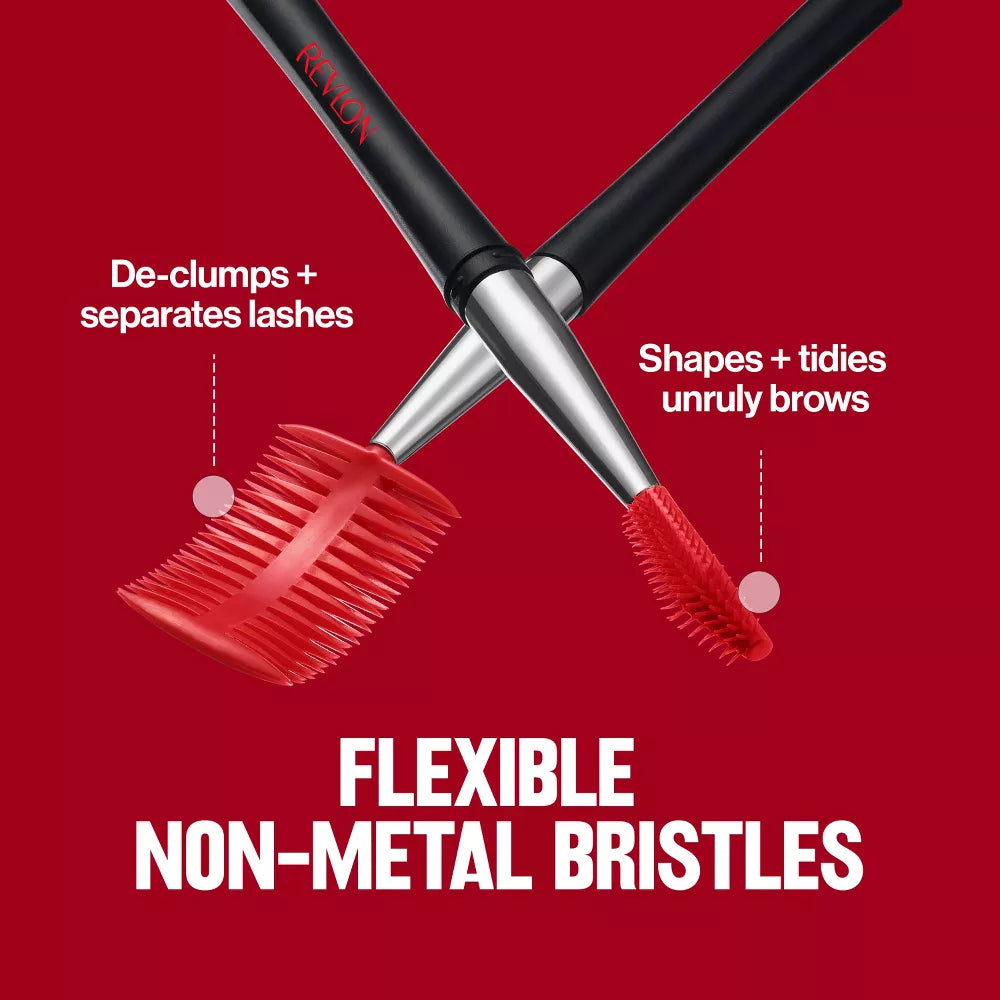 Makeup brush with red bristles on a red background, featuring text about its functions.