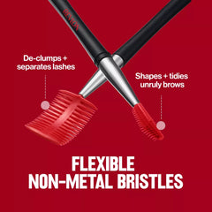 Makeup brush with red bristles on a red background, featuring text about its functions.