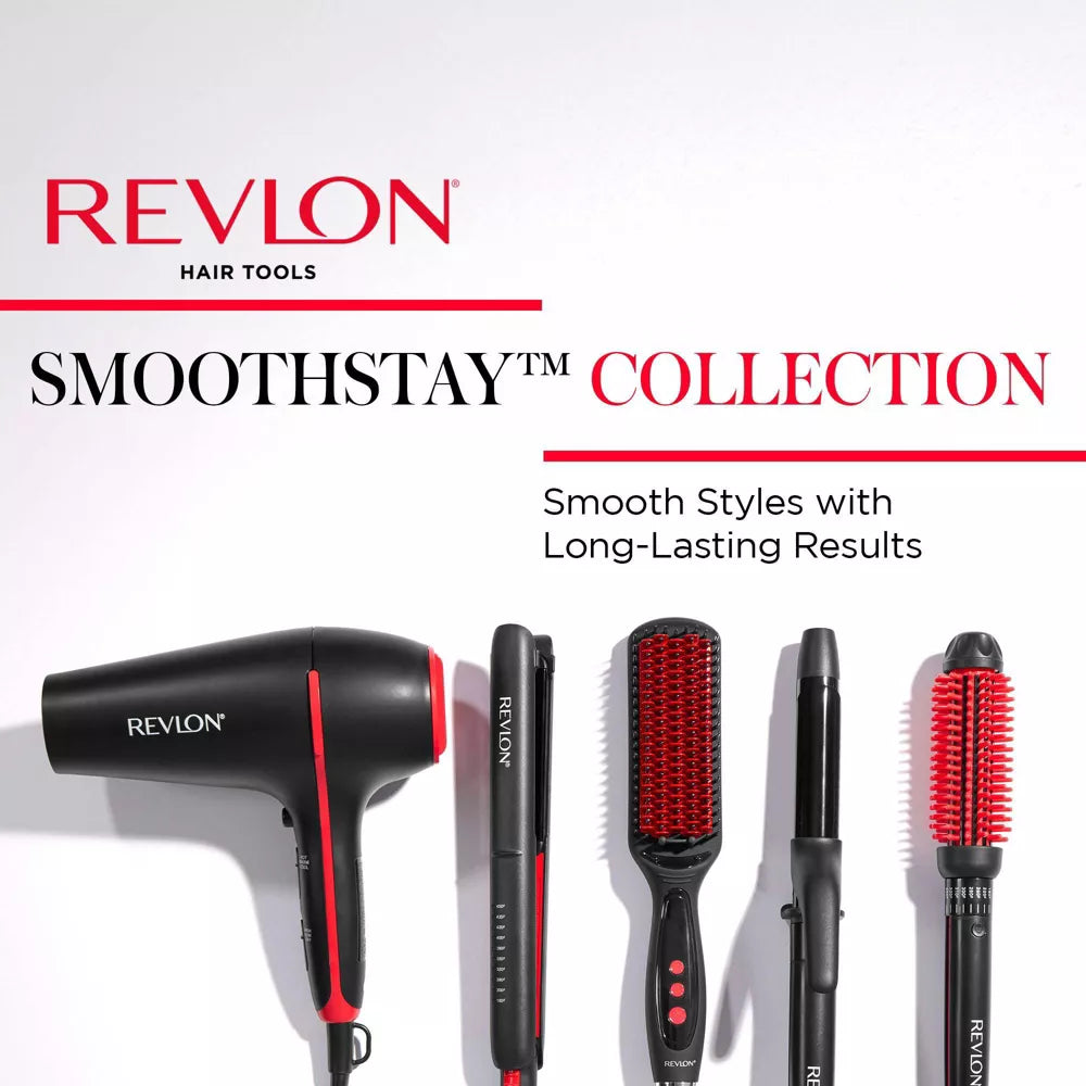 Revlon hair tools including a hair dryer and brushes with Revlon branding.