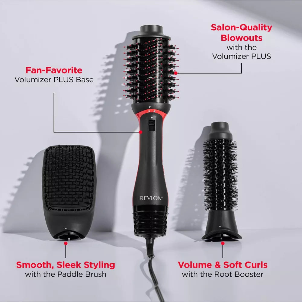 Revlon hair styling tool with paddle brush, root booster, and volumizer PLUS.