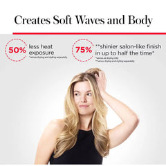 Woman with styled hair, text highlighting benefits of hair product.