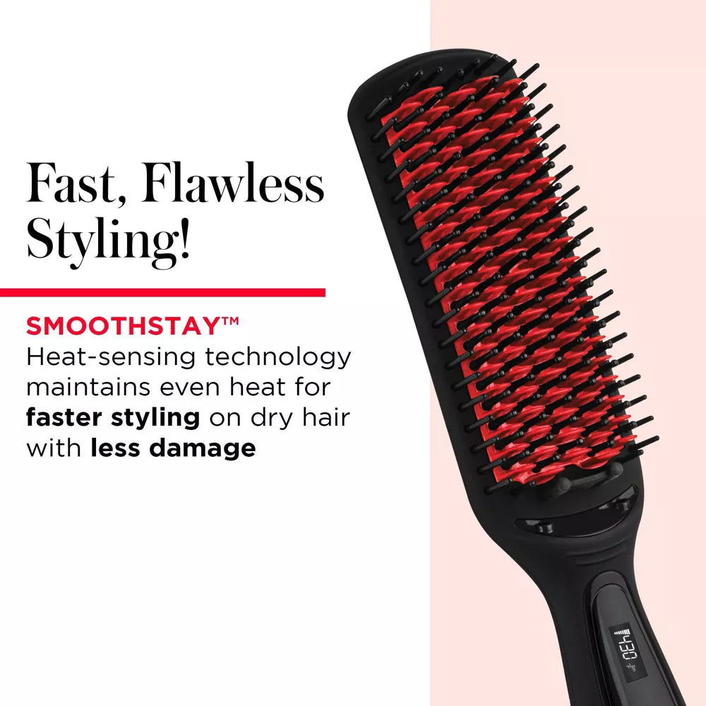 Hairbrush with red bristles on a white background, featuring text about heat-sensing technology.