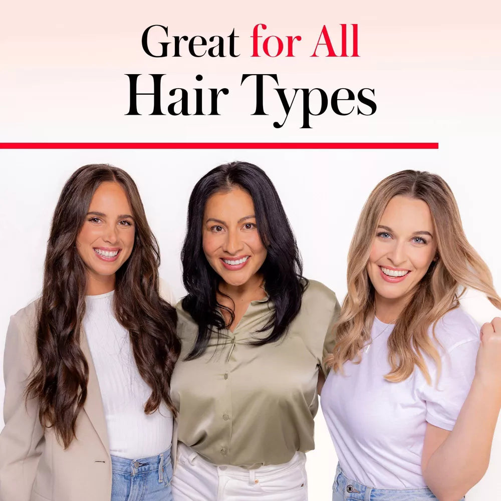 Three women with different hair types standing together with text 'Great for All Hair Types' 