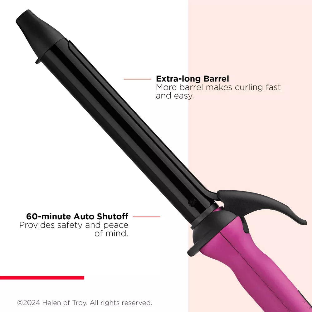 Black and pink curling iron with text highlighting features 