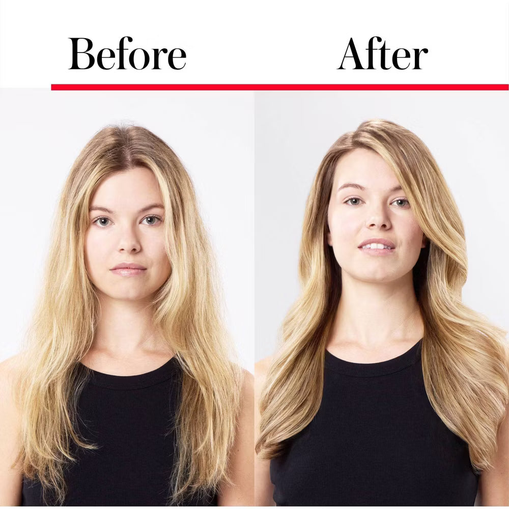 Before and after comparison of a woman with long blonde hair, wearing a black top.