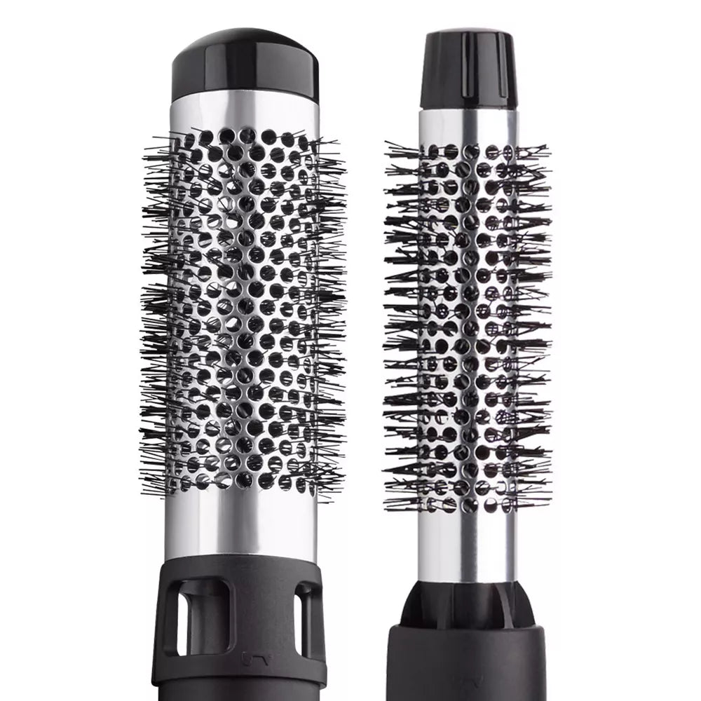 Two hairbrushes with black bristle heads and silver handles 