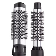 Two hairbrushes with black bristle heads and silver handles 