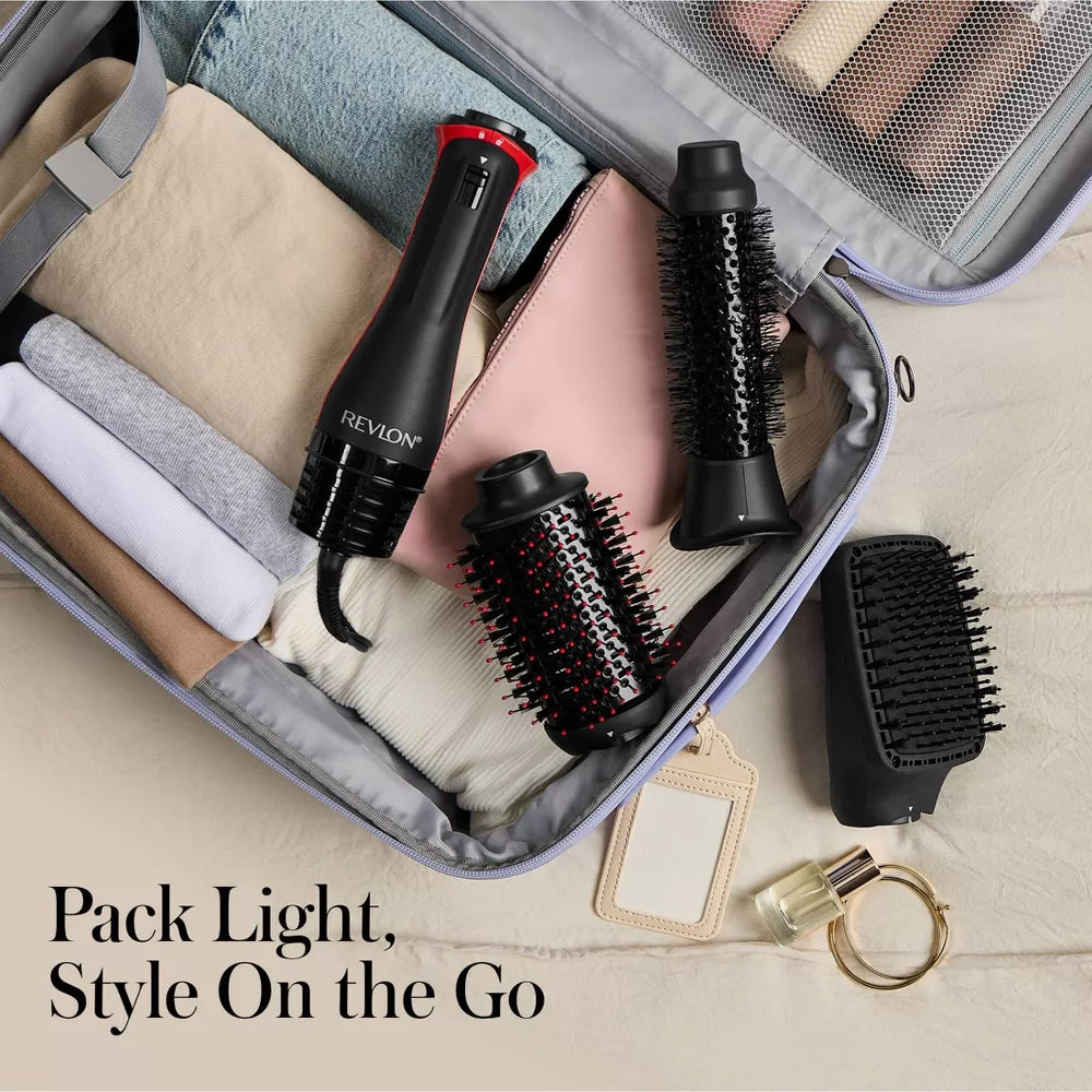 Revlon hair styling tools in a travel case with text 'Pack Light, Style On the Go'.