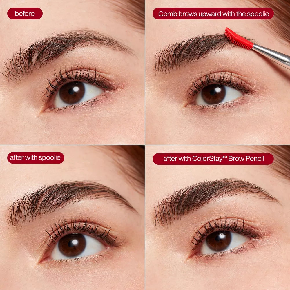 Before and after comparison of eyebrow grooming with a spoolie and ColorStay Brow Pencil.