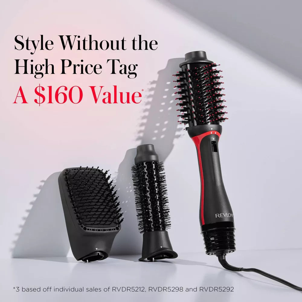 Revlon hair styling tools on a white background with promotional text.