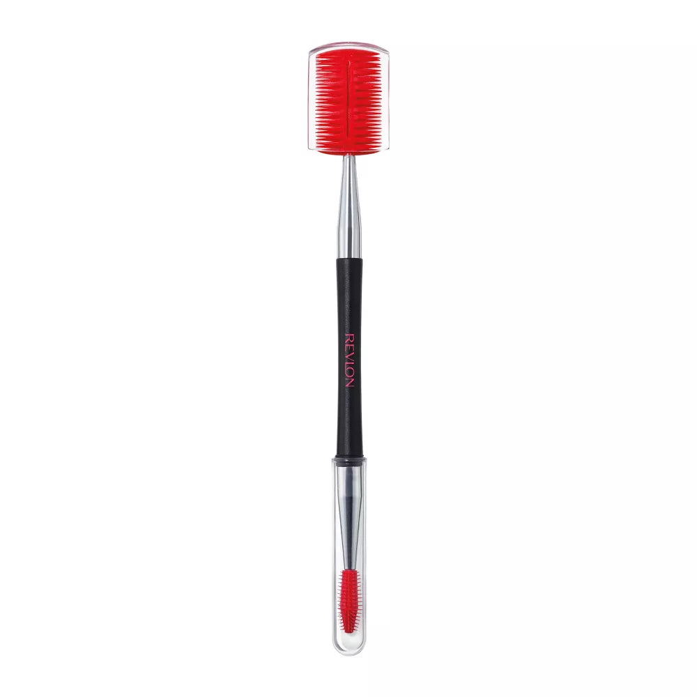 Makeup brush with red bristle head and black handle.
